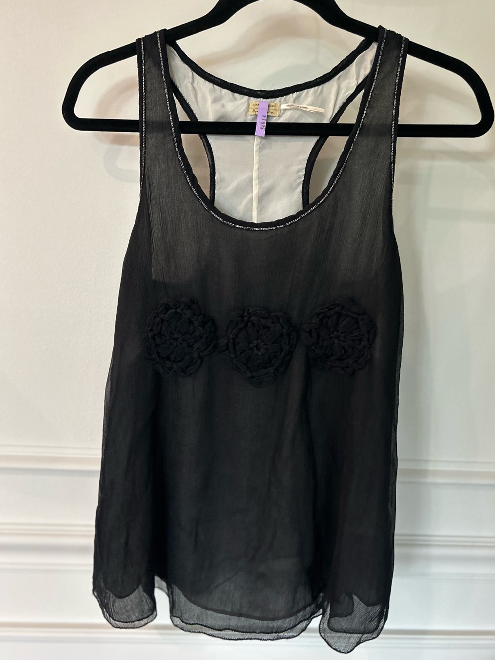 Max Studio Black Silk Tank Top with Floral Accents